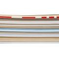 A close-up view of a stack of old newspapers with red and blue lines Royalty Free Stock Photo