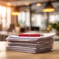 A Close-Up View of a Stack of Papers with a Red Pen Resting on Top in a Modern Office Environment Royalty Free Stock Photo