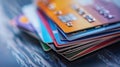 A close-up view of a stack of various credit cards arranged on a wooden surface. The cards display different Royalty Free Stock Photo