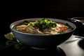 close-up view of a steaming bowl of Pho soup, a popular Vietnamese noodle soup dish. Generative AI