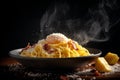 Close up view of steaming bowl of spaghetti carbonara with egg yolk, parmesan, bacon. AI generated.