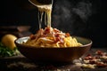 Close up view of steaming bowl of spaghetti carbonara with egg yolk, parmesan, bacon. AI generated.