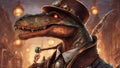A close-up view of a steampunk dinosaur, with copper scales, brass horns,