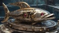 A close up view of a steampunk dolphin fish, with silver scales,