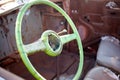 Steering wheel in old destroyed abandoned car Royalty Free Stock Photo