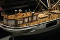 Close-up view of the stern a model of a sea rescue medical ship. Selective focus