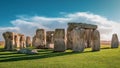 Close up view of Stonehenge monument. Sunset sky.