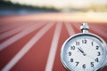 A close-up view of a stopwatch shows the seconds ticking away, while a dynamic running track fades into a smooth blur