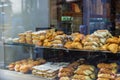 Close-up view of store window with bakery products. Royalty Free Stock Photo