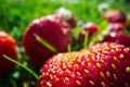 Close up view of strawberry harvest lying on green grass in garden. The concept of healthy food, vitamins, agriculture Royalty Free Stock Photo