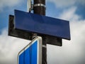 Close up view of street blue street sign.