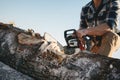 Close up view on strong lumberjack wearing plaid shirt and hat use chainsaw in sawmill Royalty Free Stock Photo