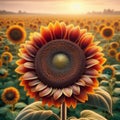 Close-up view of a sunflower head, with a field of sunflowers in background Royalty Free Stock Photo