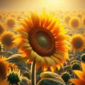 Close-up view of a sunflower head, with a field of sunflowers in background