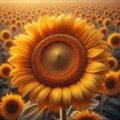 Close-up view of a sunflower head, with a field of sunflowers in background