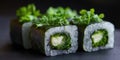 Close-up view of a sushi roll on a table, perfect for food and culinary related content Royalty Free Stock Photo