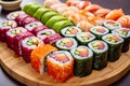 Close-up view of sushi rolls on a bamboo platter. Generative AI. Royalty Free Stock Photo