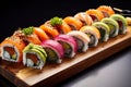 Close-up view of sushi rolls on a bamboo platter. Generative AI. Royalty Free Stock Photo