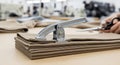 Close-Up View of a Tailor at Work Cutting Fabric with Industrial Tools Creating Precise Pieces for Garment Production in a Royalty Free Stock Photo