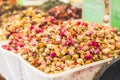Close up view of tea rose buds on a food market in Tel Aviv, Israel. Selective focus, space for text. Royalty Free Stock Photo