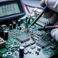 Electronics technician soldering components on a green circuit board Royalty Free Stock Photo