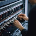 close up view of technician working with cables in network server room, IT Engineer hands close up shot installing fiber cable, Ai Royalty Free Stock Photo
