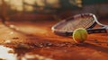 Close Up View Of A Tennis Racket And Ball On Clay Court, Capturing The Texture Of The Red Clay