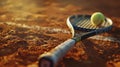 Close Up View Of A Tennis Racket And Ball On Clay Court, Capturing The Texture Of The Red Clay