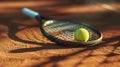 Close Up View Of A Tennis Racket And Ball On Clay Court, Capturing The Texture Of The Red Clay