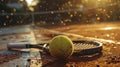 Close Up View Of A Tennis Racket And Ball On Clay Court, Capturing The Texture Of The Red Clay