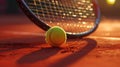 Close Up View Of A Tennis Racket And Ball On Clay Court, Capturing The Texture Of The Red Clay