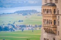 Close up view terrace Neuschwanstein castle in summer landscape near Munich in Bavaria, Germany. Royalty Free Stock Photo