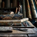 Textile craft: A collection of exquisitely patterned fabrics, tools, and materials Royalty Free Stock Photo