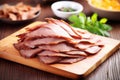 close-up view of thinly sliced smoked duck