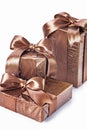 Close up view three brown vintage giftboxes with