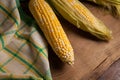 Close up view of three cobs sweet corn with green leaves on wooden background Royalty Free Stock Photo