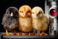 Curious baby chicks exploring a science lab setting with a microscope Royalty Free Stock Photo
