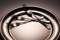 close-up view of three forks on shiny metal tray Royalty Free Stock Photo