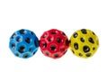 Close up view of three of multicolored PU elastic airballs for indoor and outdoor activities, Royalty Free Stock Photo