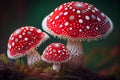 Close up view of three red fly agaric mushrooms, Ai generated image