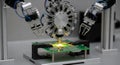 Robotic Arms Assembling a Printed Circuit Board in a High- Tech Manufacturing Environment Royalty Free Stock Photo