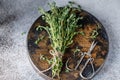 Close up view of thyme bunch. Herb thyme on table