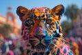 A close-up view of a leopard painted in vibrant colors, resembling the Holi Festival of Colors in India Royalty Free Stock Photo