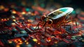 Close up view to computer bug perched on microchip symbolizing threat of software bugs