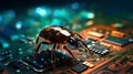 Close up view to computer bug perched on microchip symbolizing threat of software bugs