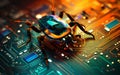 Close up view to computer bug perched on microchip symbolizing threat of software bugs