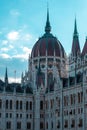 Close-up view to a dome of Hungarian Parliament building and its details, Budapest. Hungary Royalty Free Stock Photo