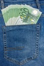 Close Up View to 100 Euro Banknotes Sticking Out From a Blue Jeans Pocket Royalty Free Stock Photo