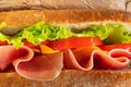 Close up view to layers of traditional ciabatta with prosciutto