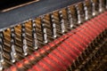 Close-up view to pins or pegs with strings and red felt inside an older grand piano, part of the acoustic musical instrument,